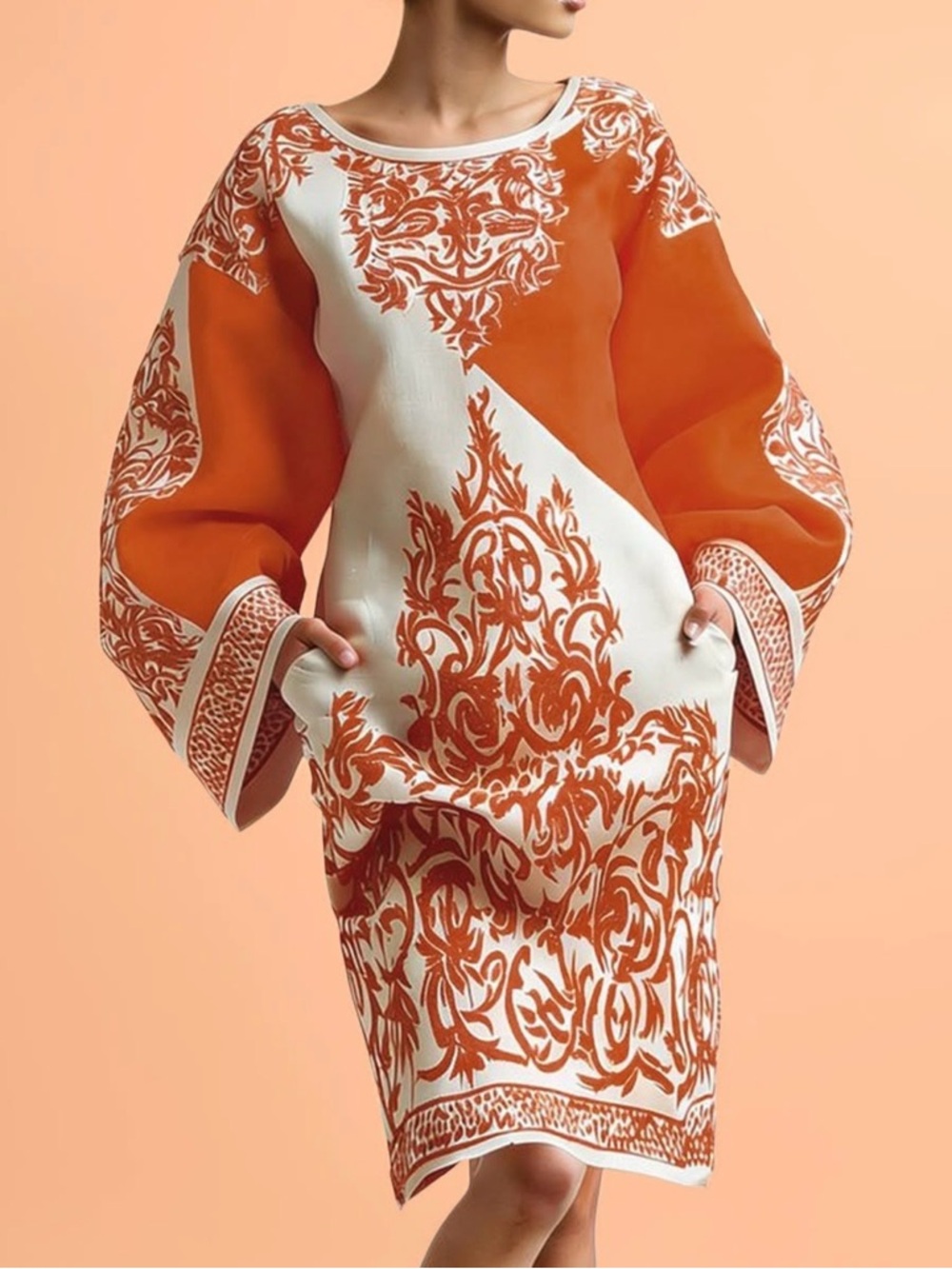 White and Orange Ornamental Printed Shift Dress